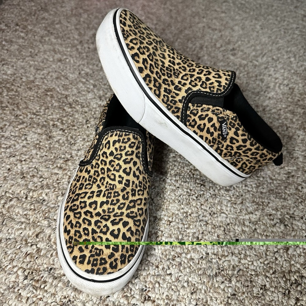 Vans Womens Asher Deluxe Black/Tan/Leopard Slide Ons Missy Size 4.0 US